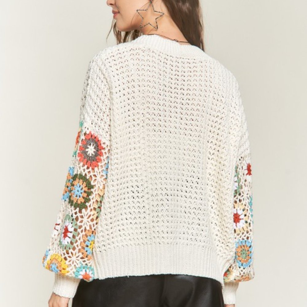 Ivory Knit Cardigan Sweater with Floral Crocheted Sleeves - Picture 3 of 4
